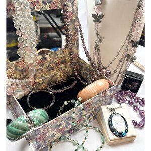 Assorted Jewelry Lot W/Floral Box Necklaces Bracelets & Cameo Pendant,butterfly